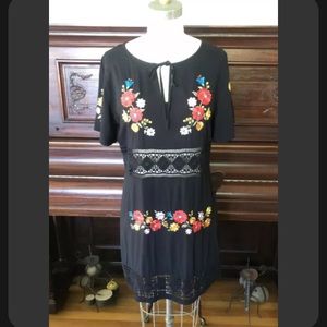 M/L Black + Floral Embroidered + Crochet Mini Dress Flutter Sleeve Festival